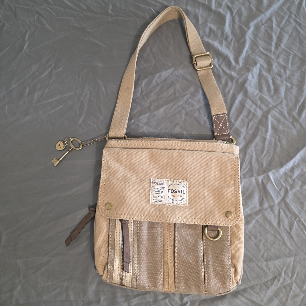 Fossil Tan Canvas Crossbody Bag